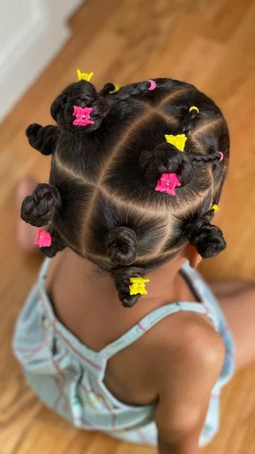 cute kids bantu knots hairstyle for natural hair with neat scalp sections