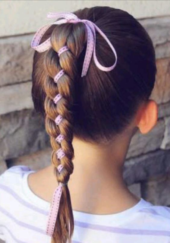 Cute braided ponytail with ribbon 