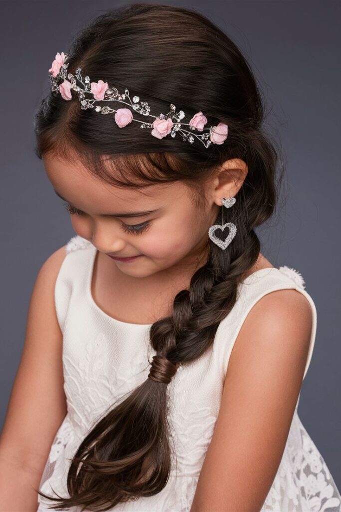 Cute little girl wearing a floral headband with braided natural hair