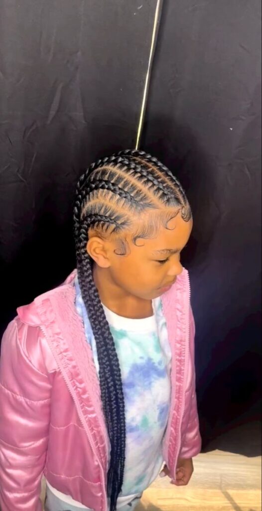 Six feed in braids creating a neat and balanced hairstyle for girls.