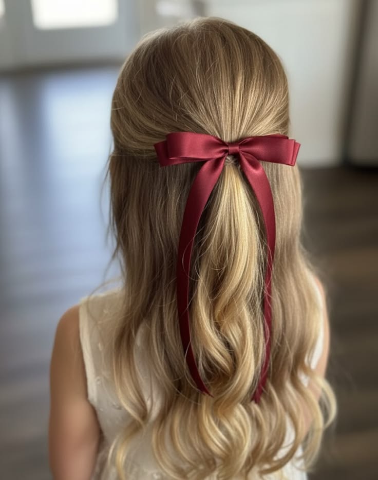 Girl with a half-up ponytail, top section secured and the rest left flowing