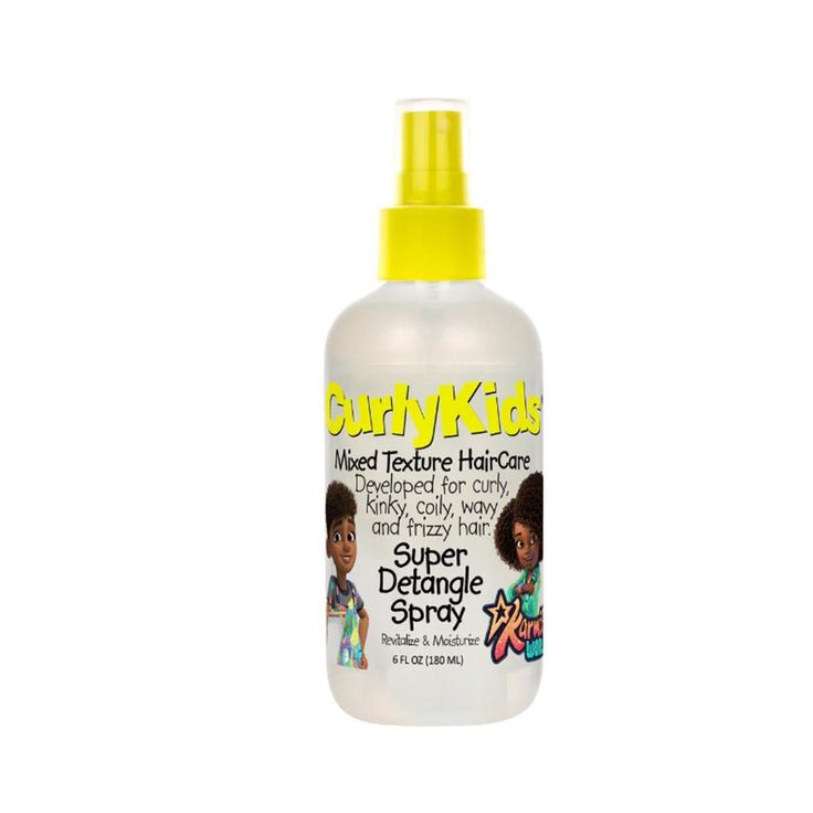 Bottle of CurlyKids Super Detangle Spray, 6 fl oz, for mixed curly hair textures.