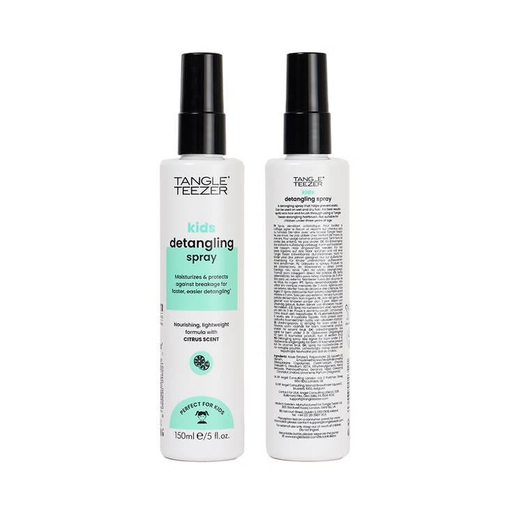 Two bottles of Tangle Teezer Kids Detangling Spray, citrus scent, 150ml, front and back label view