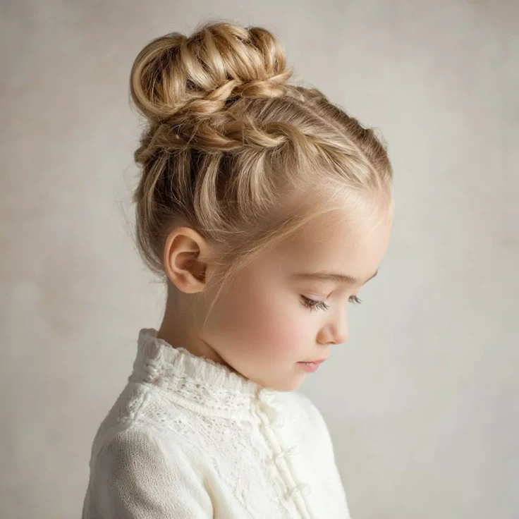 Young girl with straight hair styled in a low messy bun
