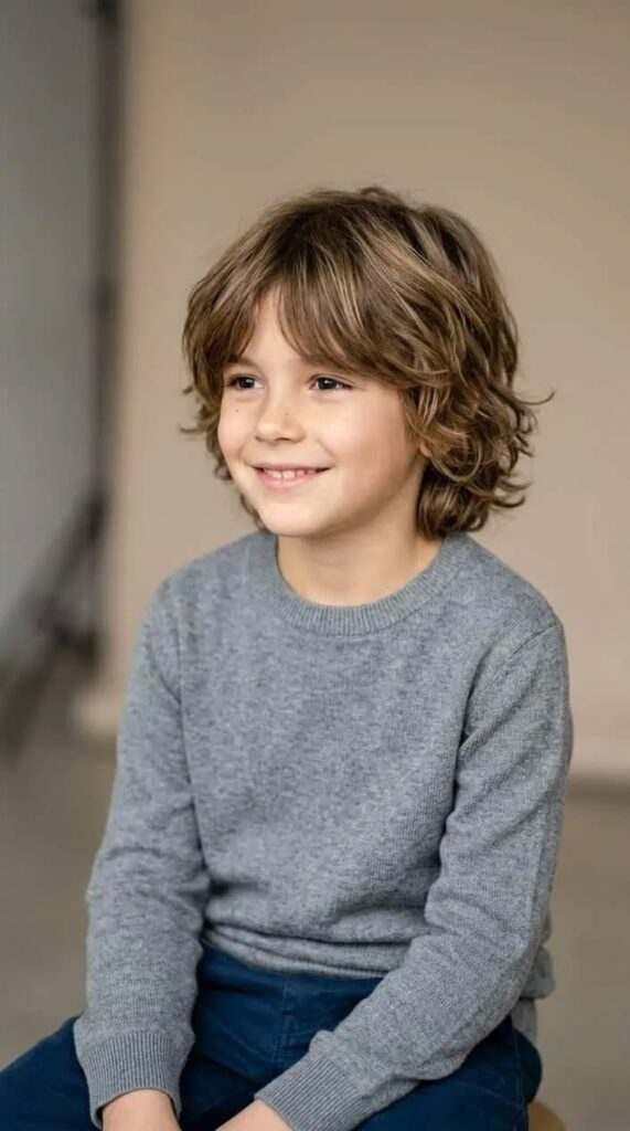 Smiling boy with a long layered haircut, wavy texture and visible layers falling past the ears.