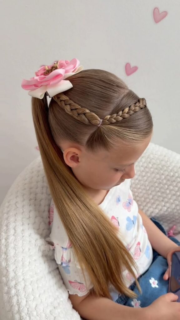 Cute white girl with a beautifully styled ponytail. With a cute flower bow