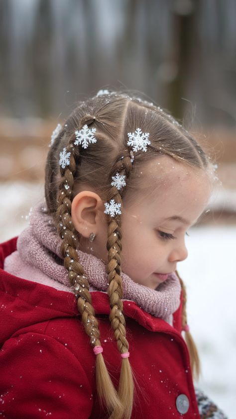 Young girl with a cute snow flake themed hairstyle