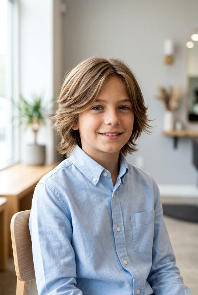 Smiling young boy with a curtain fringe haircut, hair parting naturally and framing both sides of the face.