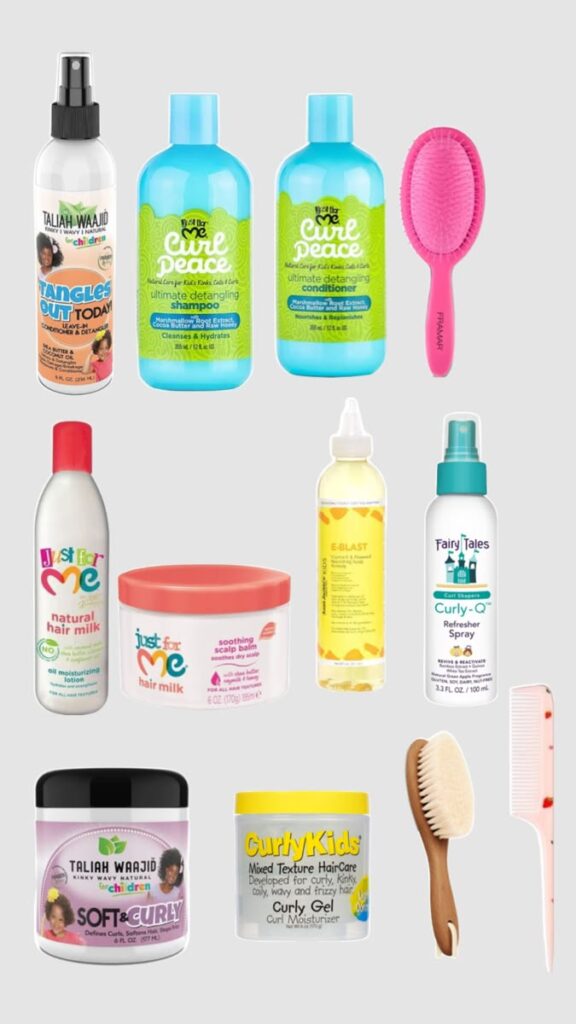 Flat lay of kids' curly hair care products including leave-in conditioner, detangling shampoo and conditioner, hair milk, scalp oil, and detangling brushes and combs.