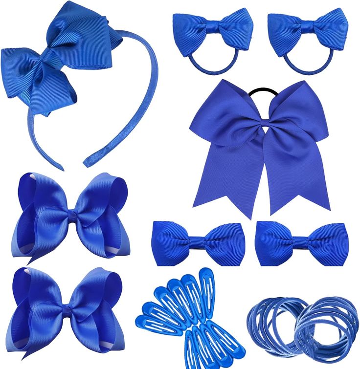 A royal blue hair accessory kit including a bow headband, bow hair ties, a large cheer bow, small bow clips, snap clips, and hair elastics, arranged on a white background.