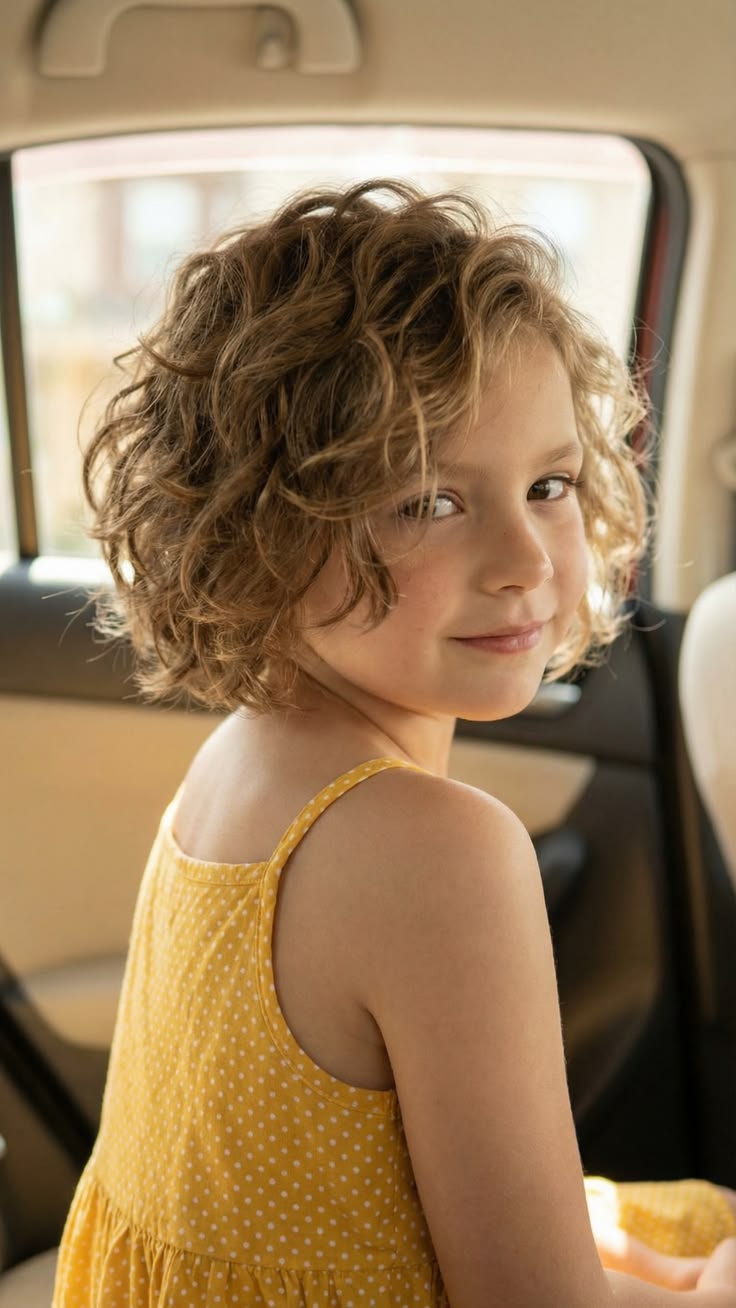 Young girl with short, layered 2C wavy-curly hair sitting in a car, wearing a yellow polka dot dress.