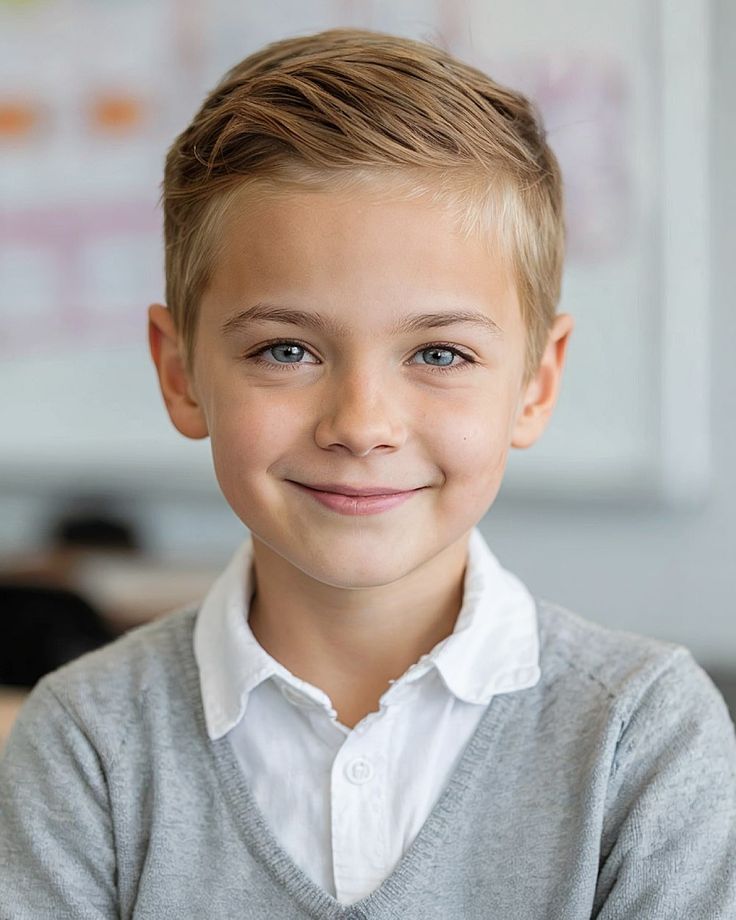 Smiling blonde boy with an Ivy League haircut, longer top combed into a soft side sweep with short sides, wearing a school uniform.