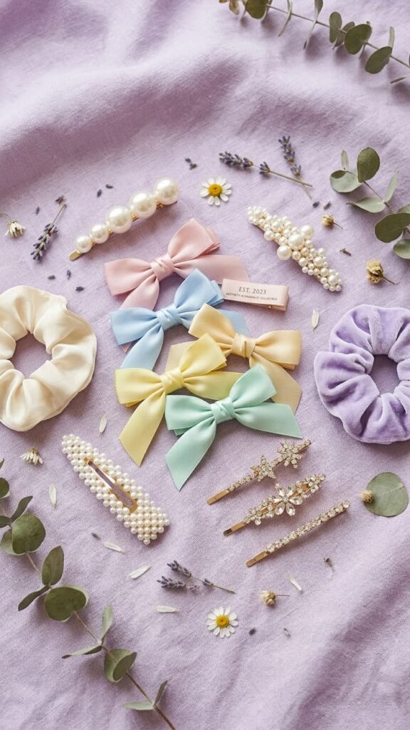 Pastel hair bows, pearl clips, and scrunchies for kids