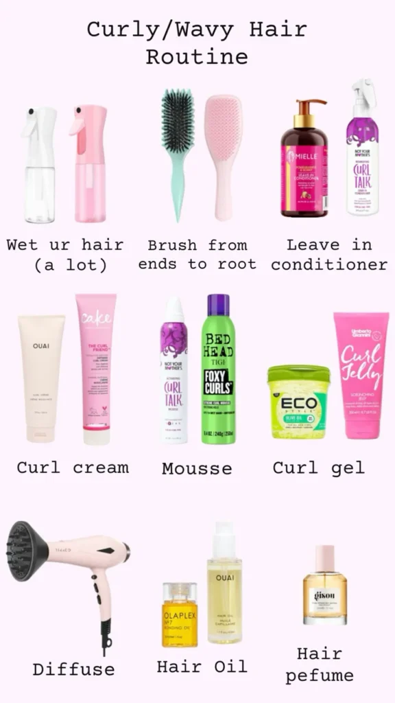 Step-by-step wavy hair routine graphic showing leave-in conditioner, curl cream, mousse, and gel products for styling wavy hair.