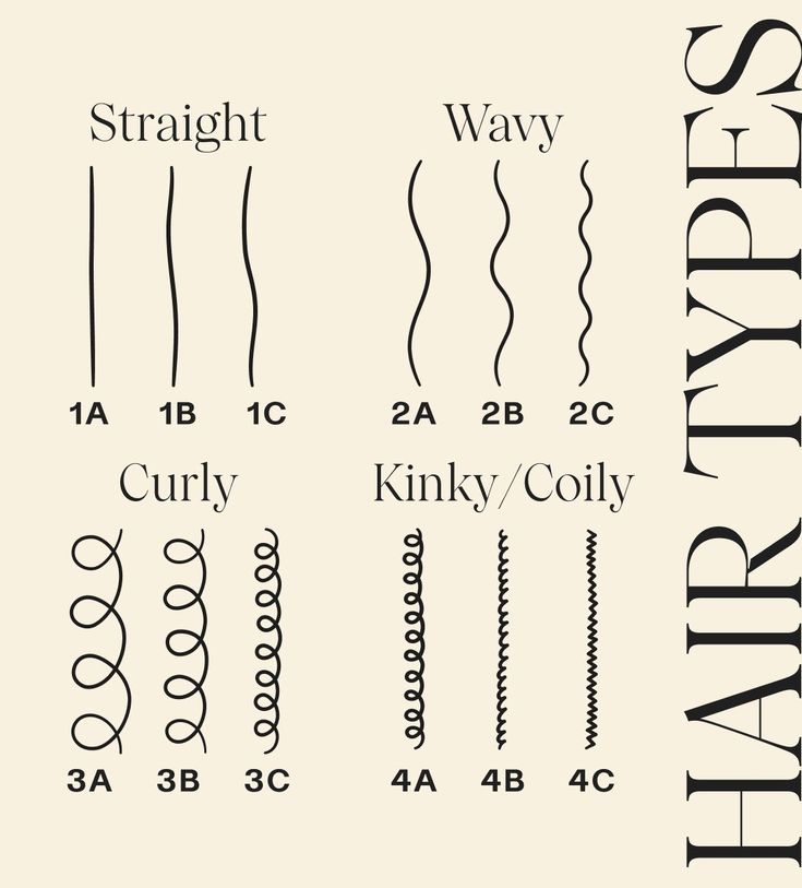 Hair type chart showing four main categories, straight, wavy, curly, and kinky/coily, each divided into subtypes A, B, and C from 1A to 4C.