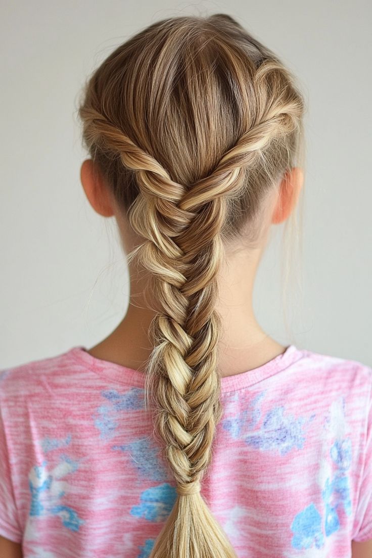 Young girl with straight hair styled in a fishtail braid