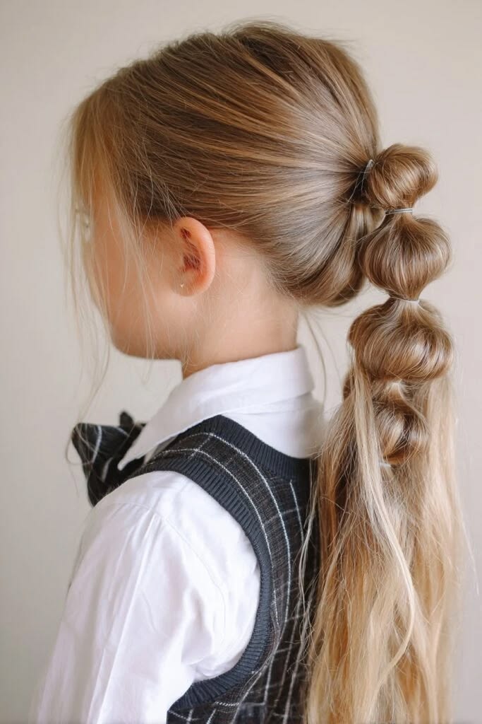 Young girl with a ponytail sectioned into rounded bubbles with small elastics
