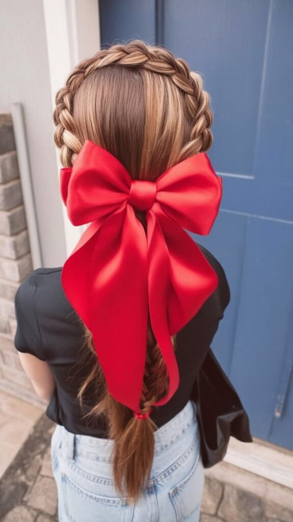 Young girl with an oversized bow low ponytail
