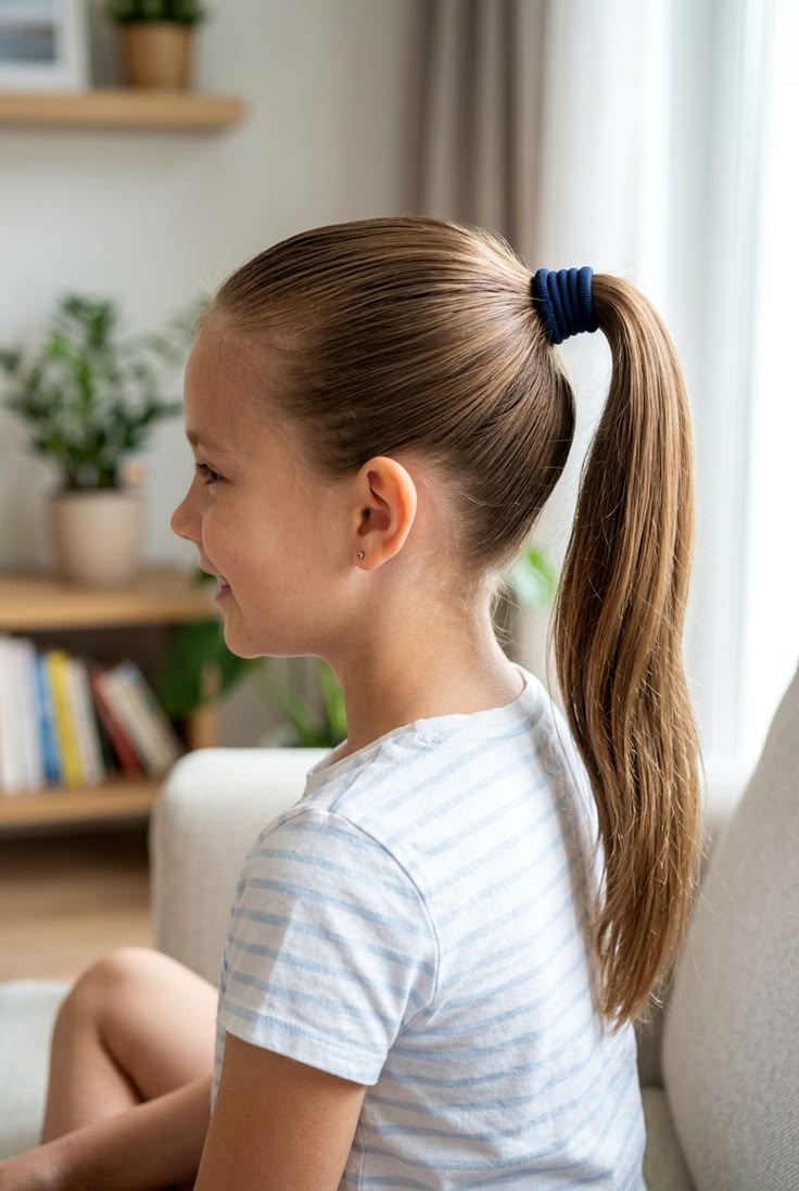 Girl with a sleek high ponytail hairstyle.