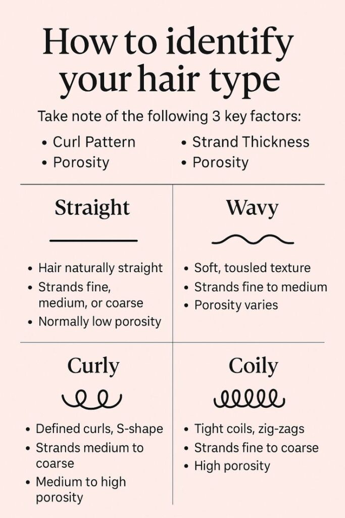 Infographic you can use to identify your child's hair type, showing straight, wavy, curly, and coily patterns with notes on curl pattern, strand thickness, and porosity.