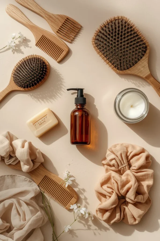 Natural hair care tools flat lay
