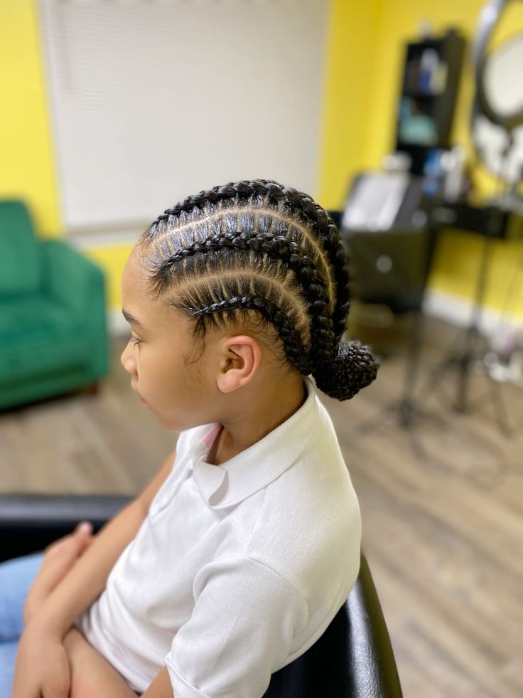 Five stylish feed in braids with neat scalp parting on a child.