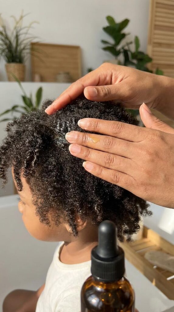 Close-up of a hand applying hair oil to a child's scalp with tightly coiled natural hair, dropper bottle visible in the foreground.
