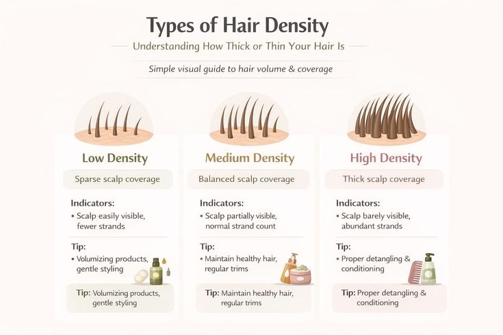 Infographic showing three hair density types, low, medium, and high, with scalp coverage indicators and styling tips for each.