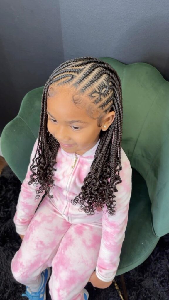 Fulani knotless braids for kids featuring front braids and decorative curls