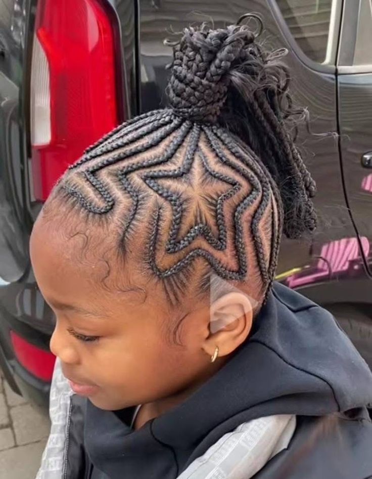Feed in braids featuring a star shaped parting on a little girl.