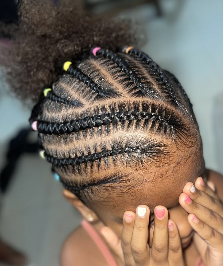 Feed in braids featuring a creative S shaped parting on a little girl.