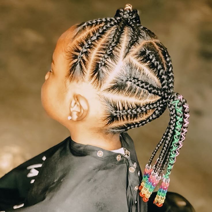 Half up half down feed in braids styled on a little girl with neat parting.