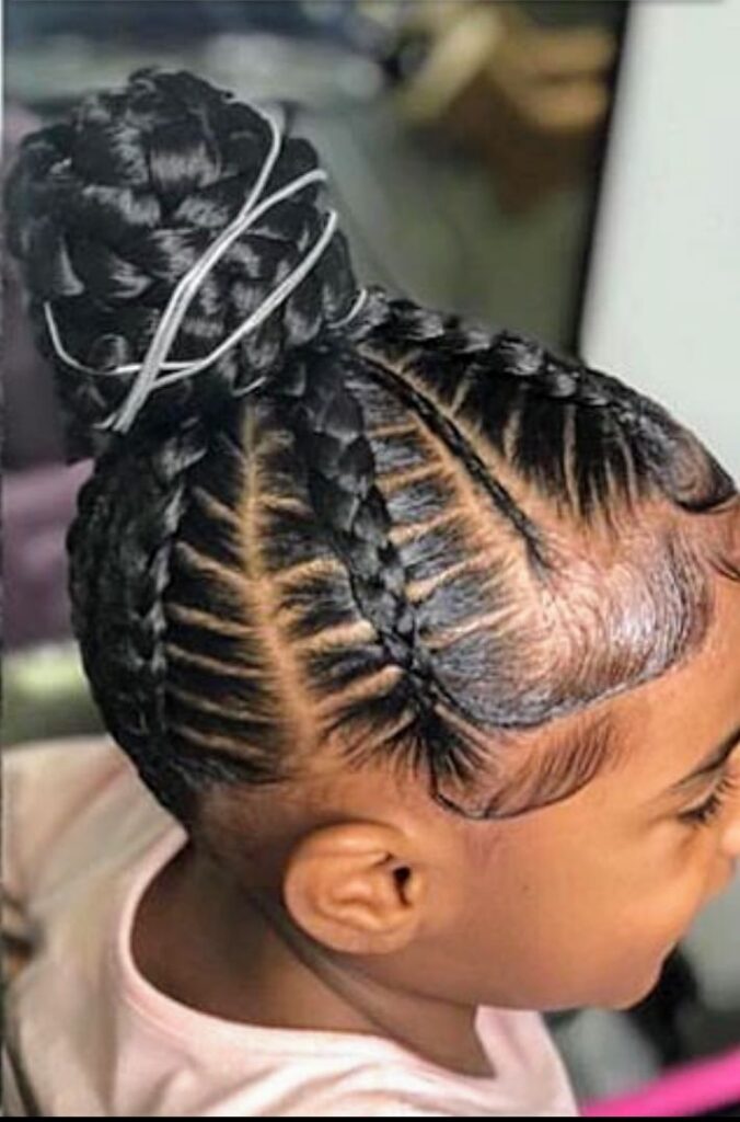 Little girl wearing feed in braids styled into a neat bun.