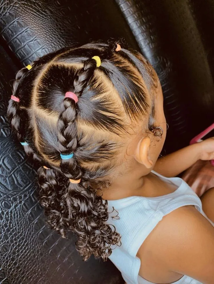 Close-up of a child's braided ponytail hairstyle with colorful rubber bands and curly ends.