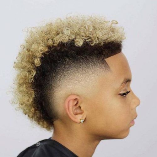 Side profile close-up of a young boy with a curly mohawk haircut, a full strip of curly hair with blonde tips down the center, blending into a shaved fade on the sides.