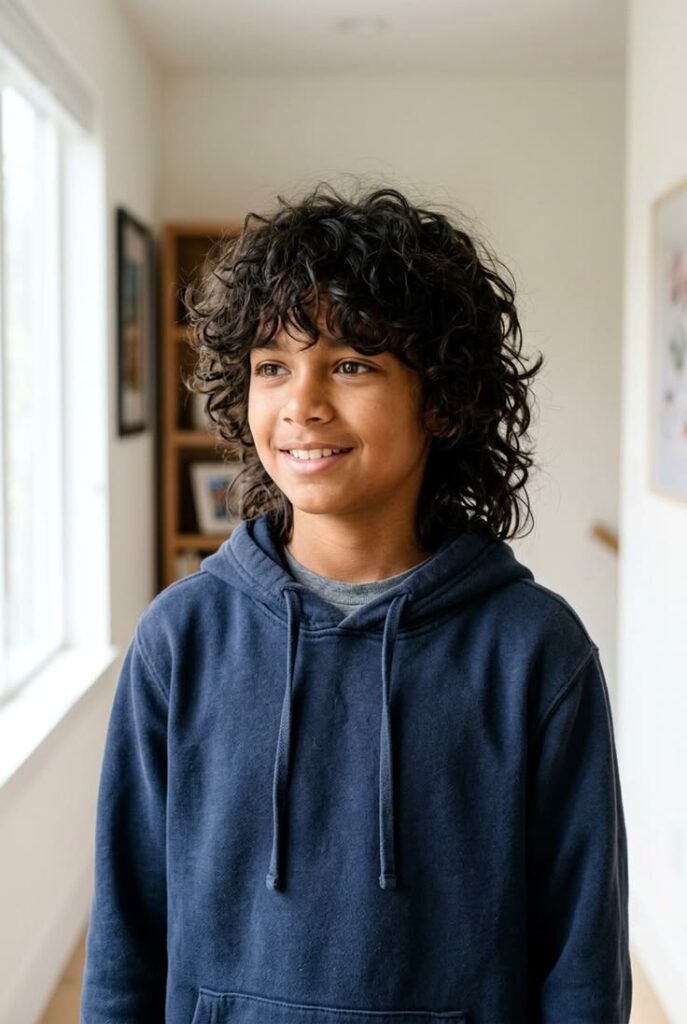Boy with shaggy, layered curly hair and a longer curly fringe, styled as a curly wolf cut.
