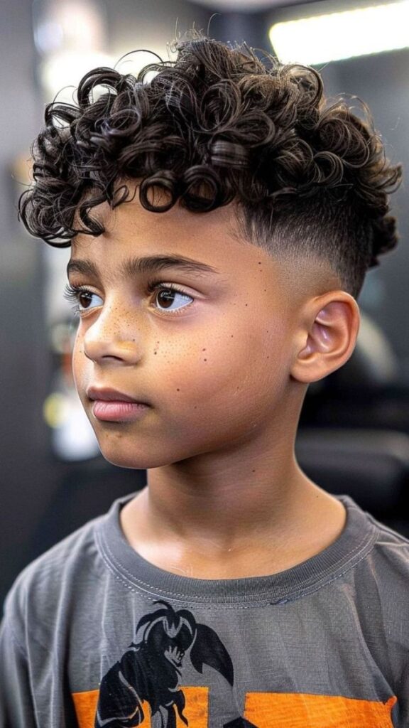 Side profile of a boy with tight curly ringlets on top and a clean skin fade on the sides, styled as a curly fringe.