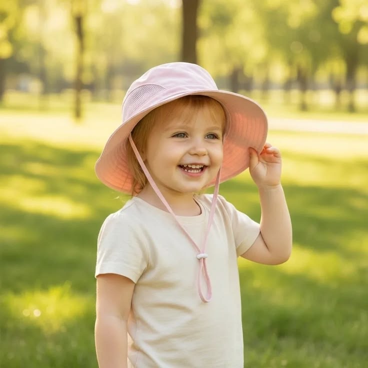 A smiling toddler wearing a wide-brim sun hat outdoors.