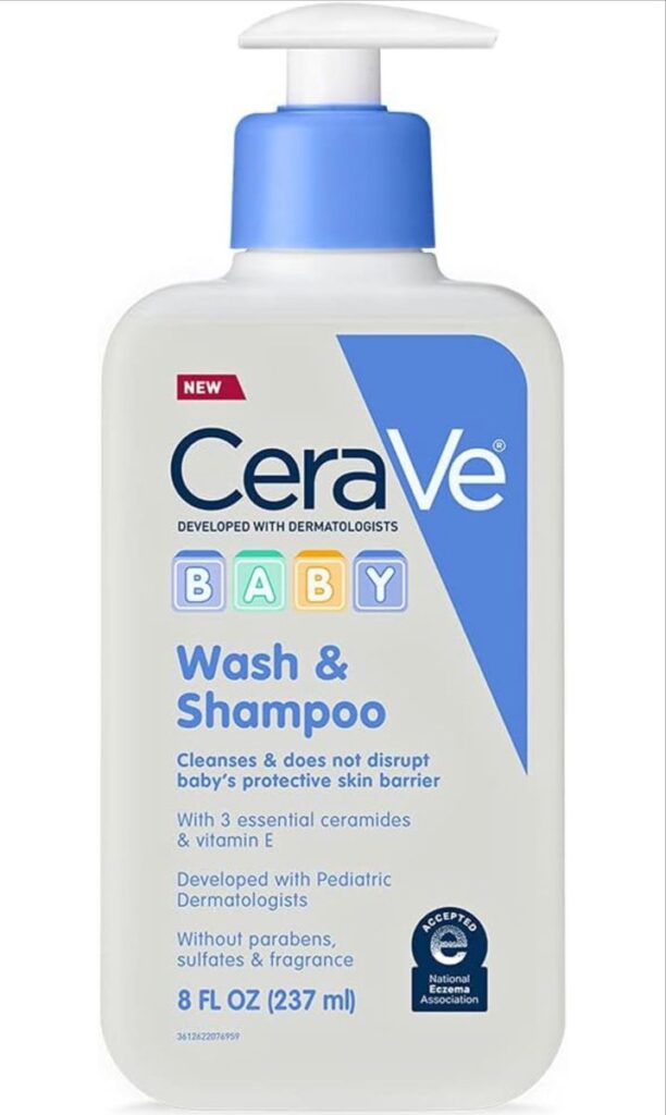 A bottle of CeraVe Baby Wash & Shampoo, a gentle cleanser developed with pediatric dermatologists for babies' sensitive skin."