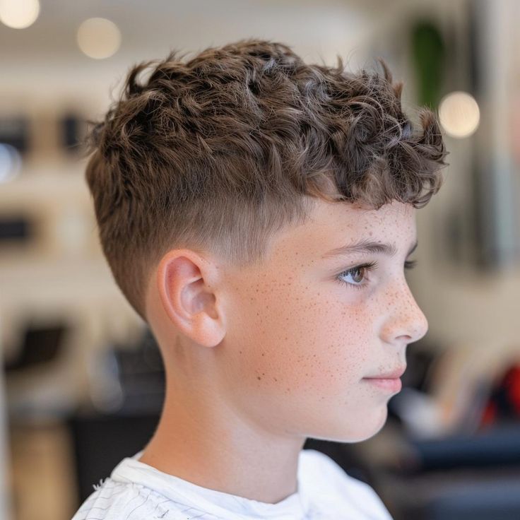 Side profile close-up of a young boy with a textured crop haircut, choppy, layered curly hair on top blending into a low fade on the sides.