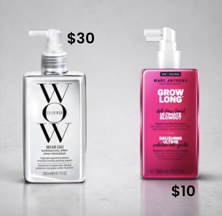 "Price comparison of a $30 Color Wow spray next to a $10 Marc Anthony spray.