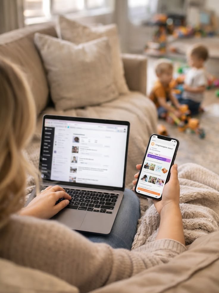Mother browsing a laptop and phone while her two children play in the background."