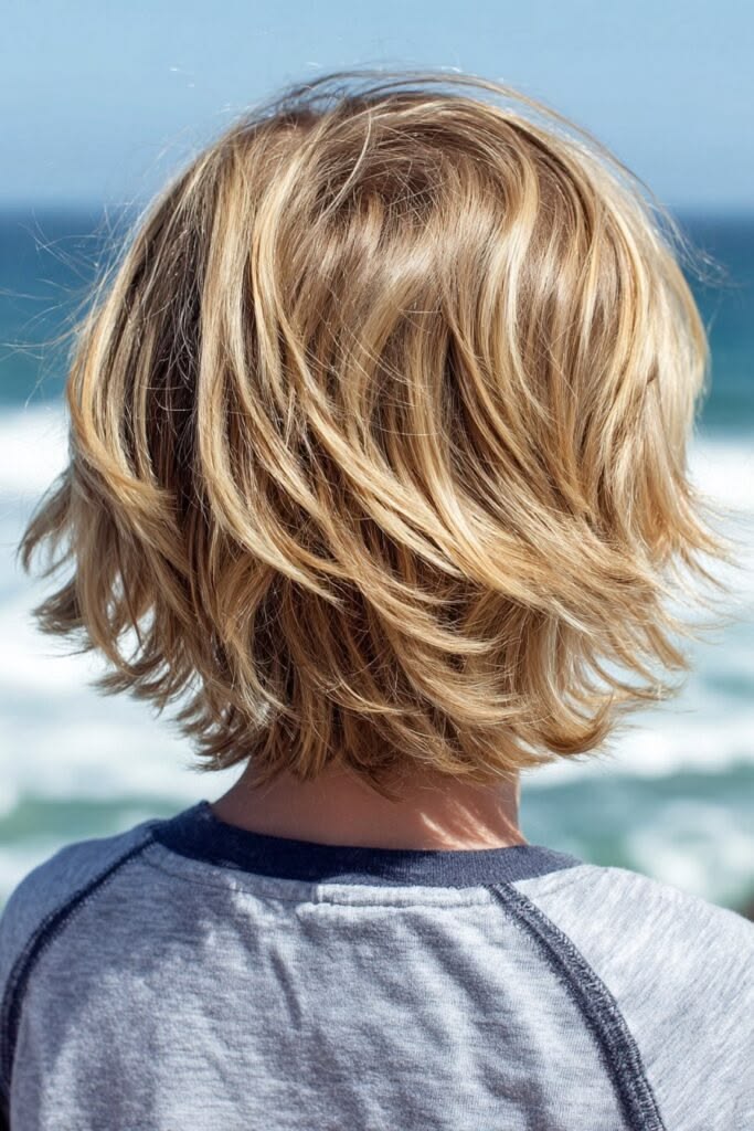Back view of a young boy at the beach with a surfer shag haircut, loose, layered blonde hair with sun-kissed highlights and natural movement.