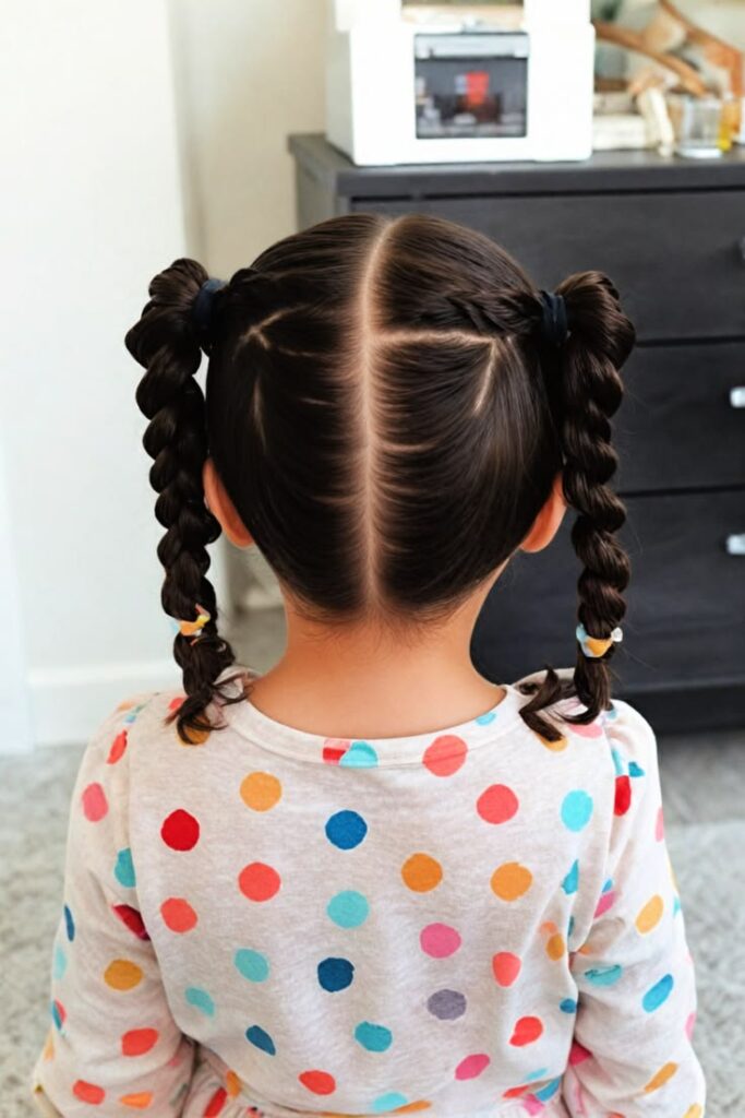 Young girl with twisted pigtails finished with colorful bands for a fun school style