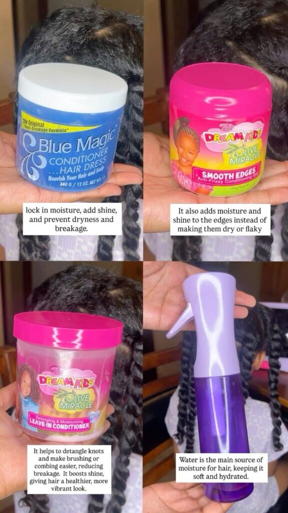 A collage of four toddler hair care products, including a conditioner, edge smoothing gel, leave-in conditioner, and a water spray bottle, shown against a child's braided hair."