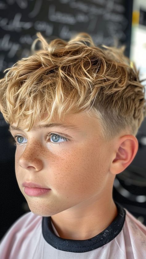 Close-up of a young boy with a wavy fringe haircut, longer textured waves falling naturally over the forehead, blending into a low fade on the sides.