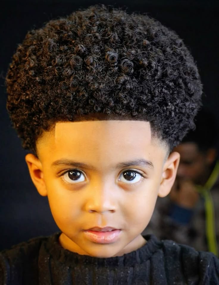 Close-up portrait of a young boy with a classic afro haircut, full, rounded coily hair with a defined curl pattern.