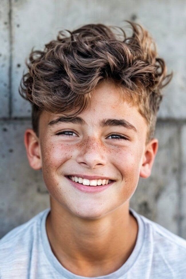 Close-up portrait of a smiling boy with curly hair swept up and forward off the forehead in a quiff style.