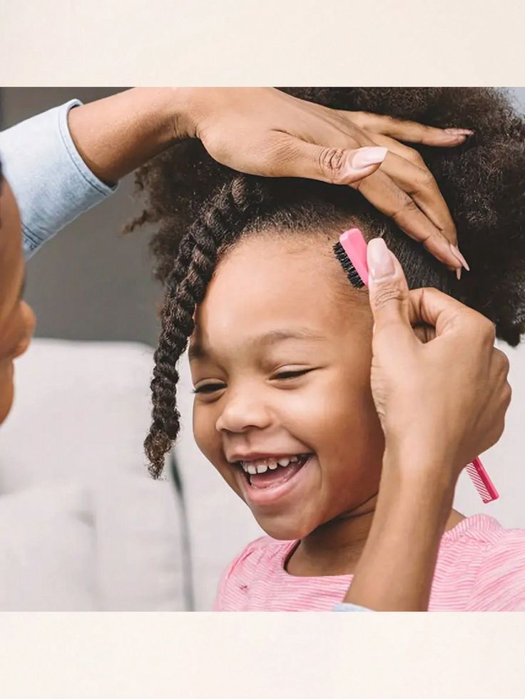 A parent styling a childs hair while following the scalp care routine for children