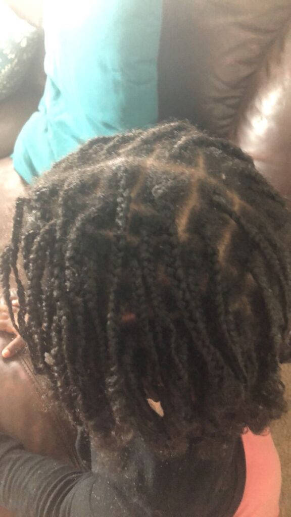 Back view of a child's protective braided style showing texture near the roots
